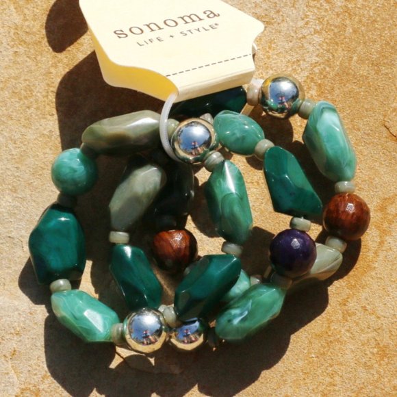 Boho Chunky 3 Bracelet Stack Lucite Beads Silver Tone Nature Stone Look NWT - Picture 1 of 3
